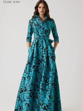 Teri Jon by Rickie Freeman Burnout Jacquard Floral Shirtwaist Gown NWT size 4
